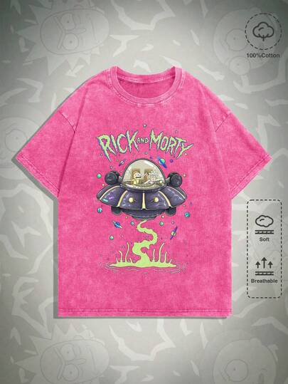 ROMWE MEN Rick and Morty | ROMWE تي شيرت رجالي كاجوال بياقة مستديرة وأكمام قصيرة