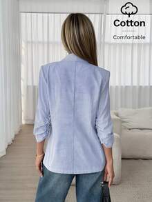 Easowa Blazer delgado a rayas de estilo casual y de oficina para mujer. Blazer de algodón a rayas de estilo casual para mujer con mangas de tres cuartos, abierto por delante, en azul, blanco y azul claro a rayas. Chaqueta de traje cómoda de algodón con mangas fruncidas para mujer. - Multicolor - Ver 5