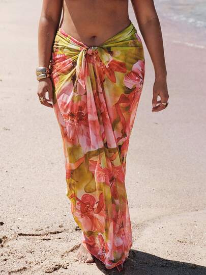 SHEIN BAE Plus Size Women Floral Print Tie Waist Fashionable Skirt