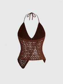 ROMWE Avant Áo thun nữ kiểu retro gợi cảm, cổ yếm, xẻ sâu, đính sequin thủ công, vạt áo bất đối xứng, chất liệu dệt kim. - màu nâu - Xem 2