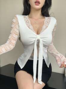 DAZY 女士V领蕾丝拼接修身长袖系带设计休闲性感T恤 - 白色 - 查看 6