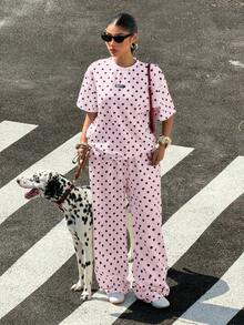 Muchica 女士休闲粉色波点宽松T恤和阔腿裤套装，适合外出、街头风、Y2K时尚、春夏穿着，阔腿裤套装 - 粉色 - 查看 4