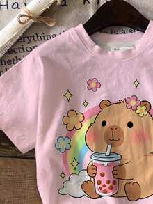 Bộ 2 món cho bé gái tuổi teen, kiểu dáng thường ngày, họa tiết hoạt hình Capybara dễ thương, hoa văn nhiều màu sắc, màu kem hồng, áo thun cổ tròn tay ngắn và quần legging bó sát, thích hợp mặc hàng ngày vào mùa xuân/hè, đi nghỉ mát, dã ngoại, phong cách Y2K, dễ thương, thoải mái cho trẻ em, thời trang thu đông cho trẻ em, phong cách mới mùa thu, thời trang hoa nở, bộ đồ hai mảnh cho bé gái, dễ chịu, dễ thương, thoải mái, phong cách mùa xuân và mùa hè ấm áp, mùa hè, đi nghỉ mát, nhuộm tie-dye, bộ màu hồng. - Nhiều màu - Xem 4