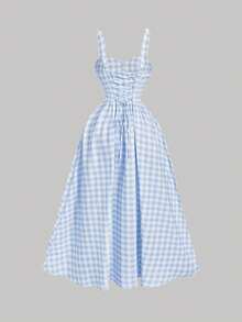 SHEIN MOD Đầm maxi dáng chữ A rộng, thắt lưng sau, họa tiết kẻ caro hồng trắng – Hoàn hảo cho kỳ nghỉ, hẹn hò, dã ngoại, tiệc tùng, dạ hội, lễ hội và sinh nhật; Phong cách cổ điển lãng mạn. - Màu xanh nhạt - Xem 6