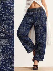 Bohemela Women's Low-Rise Paisley Print Jeans,Navy Blue Floral,Summer,Boho,Vacation Cinched Waist Loose-Fitting Carrot Skinny Jeans,Fashionable Y2K Dark Blue - Dark Wash - View 1