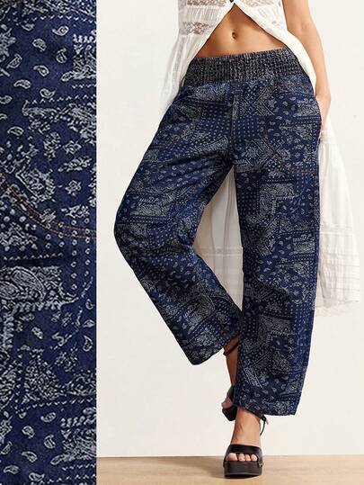 Bohemela Women's Low-Rise Jeans With A Cinched Waist, Fashionable, Casual, And Vacation-Style Paisley Print Jeans, Dark Blue Jeans, Loose-Fitting Carrot Skinny Jeans, Y2K Summer For Women Spring Breaks Valentines Day Vacations For Women Casual For Women Beach Vacations For Women Carnival