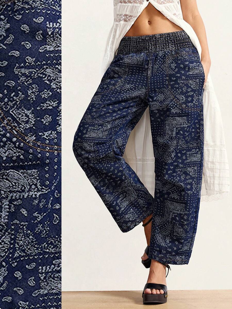 Bohemela Women's Low-Rise Paisley Print Jeans,Navy Blue Floral,Summer,Boho,Vacation Cinched Waist Loose-Fitting Carrot Skinny Jeans,Fashionable Y2K Dark Blue - Dark Wash - View 1