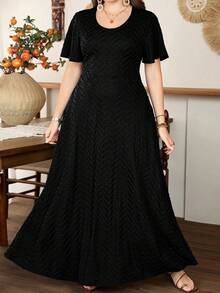 Lacomfia Plus Size Women's Ruffle Hem A-Line Dress, Minimalist Elegant Short Sleeve - Black - View 4