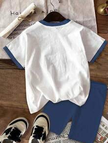 少女豹纹爱心印花宽松休闲撞色条纹短袖超大T恤和打底裤两件套，适合夏季、Y2K风格、儿童舒适、儿童日常时尚、儿童套装、澳大利亚夏季穿搭、Blossom Vogue、秋季新款、返校季时尚、平价时尚、日本周末穿搭、澳大利亚夏季穿搭、甜美风格、舒适的春夏款式、轻松舒适、情人节、度假、女孩套装、少女服装 - 彩色 - 查看 3