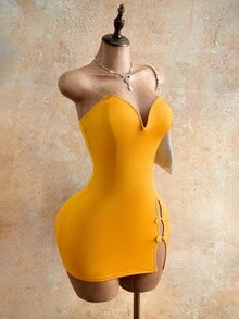 Mistrie Đầm mini ôm sát gợi cảm kiểu quây ngực, màu trơn, thiết kế cài nút dành cho nữ. - Màu vàng - Xem 4