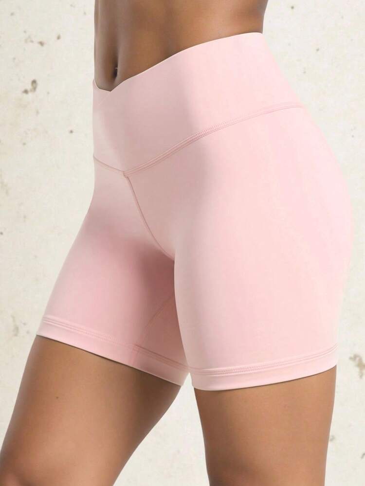 Teen Girls' High-Waist Biker Shorts With Criss-Cross Waistband, Made In Solid Colors With Squat-Proof 4-Way Stretch Fabric For Running, Cycling And Training - Pink - View 3