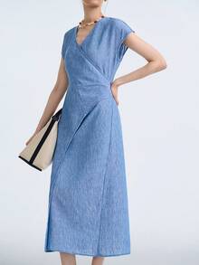 Aalyst Asymmetrical Waist Design Textured Short Sleeve Dress - Blue - View 8