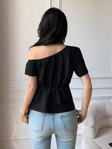 优雅系结肩领设计休闲修身女式衬衫 - 黑色 - 查看 2