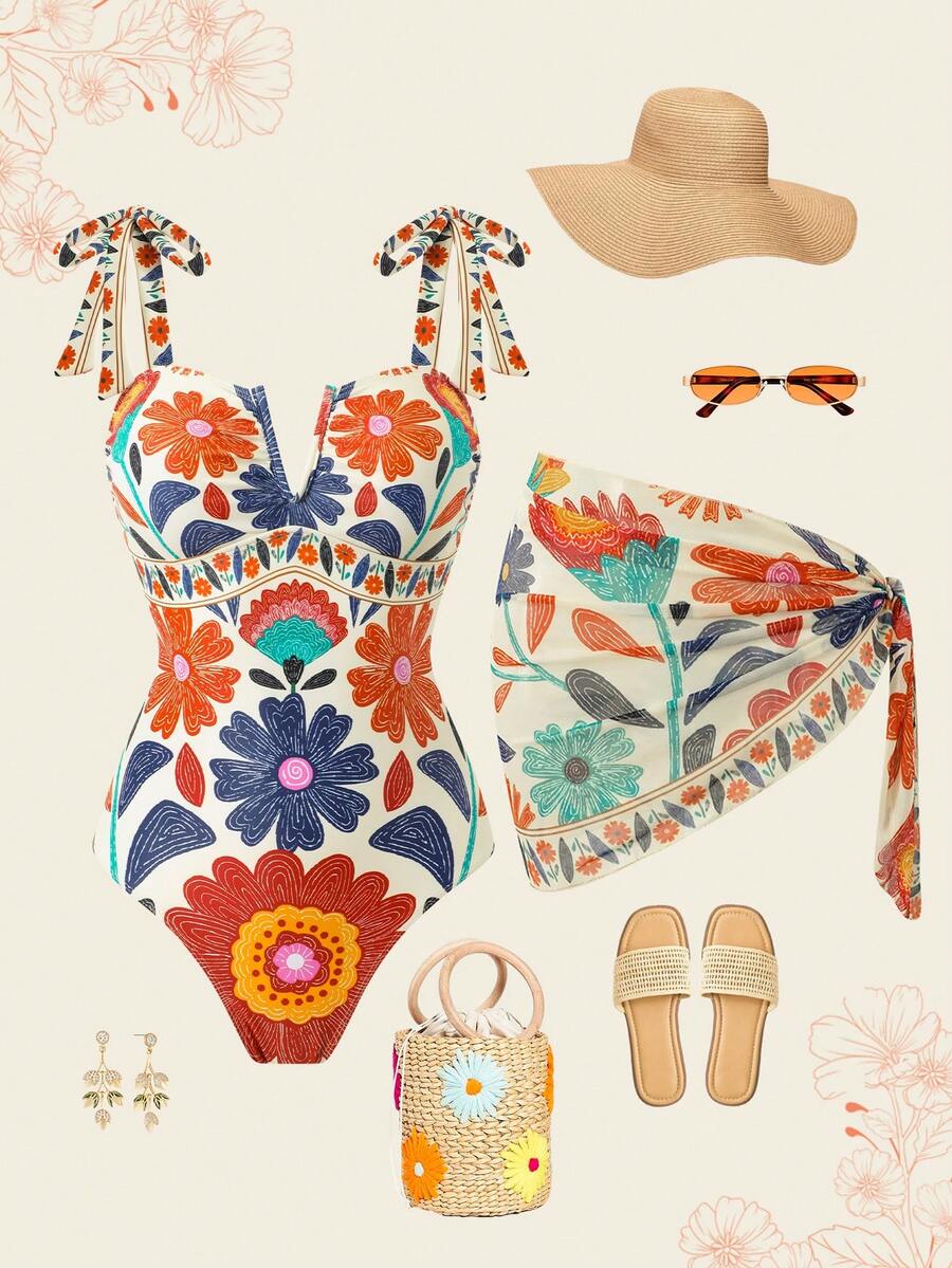 Swim Oasis Women's New V-Neck Printed One-Piece Swimsuit With Ruched Skirt, Slim Fit Two Pieces Set, Spring/Summer - Multicolor - View 1