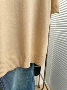 SHEIN LUNE 杏色秋季優雅法式風針織上衣，佩斯利波點拼接領結圓領半袖基本款短版T恤 - 駝色 - 查看 8