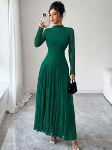 Modelyn Đầm ren màu đỏ rượu vang cổ cao, eo thắt eo dành cho nữ - Màu xanh lá cây đậm - Xem 4