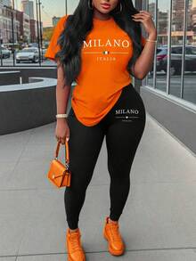 Maweii 女士字母印花圆领短袖上衣和紧身打底裤休闲两件套 - 彩色 - 查看 1