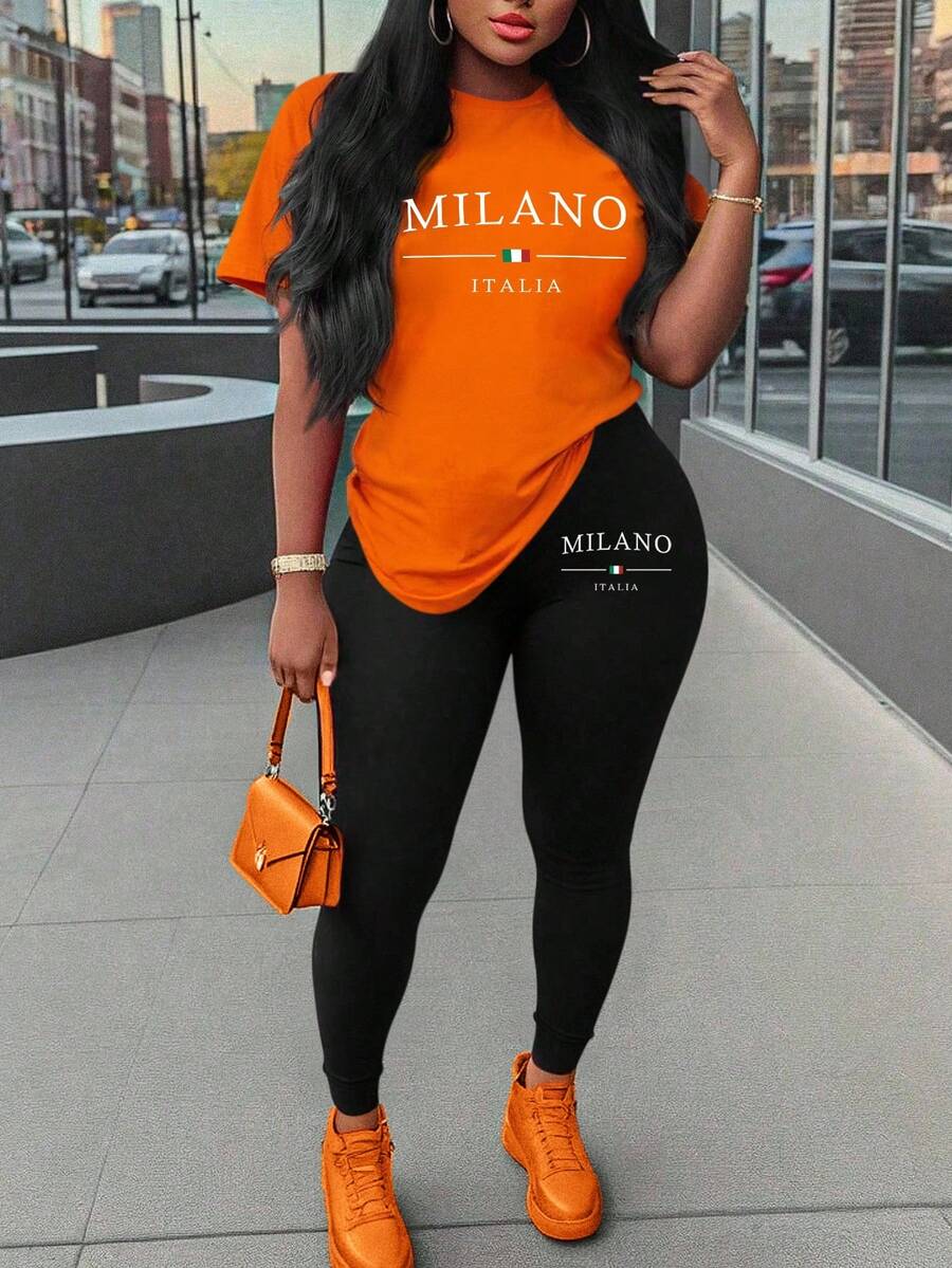 Maweii 女士字母印花圆领短袖上衣和紧身打底裤休闲两件套 - 彩色 - 查看 1