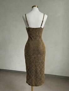 Franclia Women's Elegant Sexy Chic Gold Plaid Knit Camisole Bodycon Split Midi Dress, Tight Fitting Party Club Dress - Gold - View 2