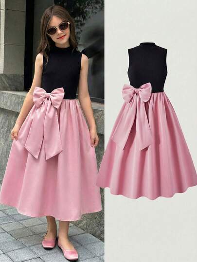 1 pieza Vestido corto elegante de niña con cuello alto sin mangas en color negro y rosa, adecuado para fiesta de cumpleaños, actuación en el escenario, reunión