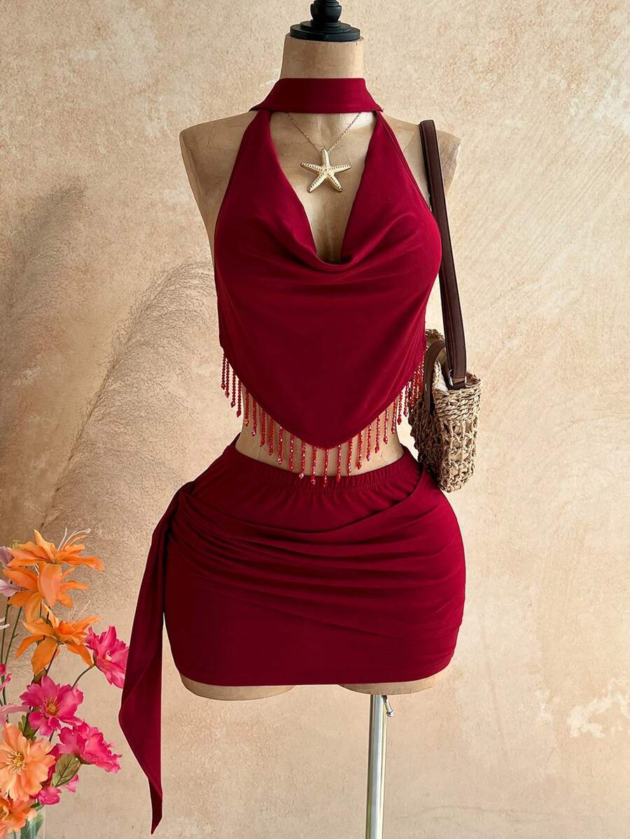 Soleia 春夏新款休闲度假西部海滩婚礼宾客礼服毕业早午餐女士套装，圣帕特里克节春假复活节音乐节优雅波西米亚热带风情露背蝴蝶结系带情人节婚礼季串珠流苏亮片两件套飘逸性感深V领酒红色针织女士套装 - 酒紅色 - 查看 1