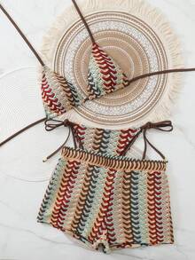 Swim Vcay 女士纹理挂脖比基尼套装，侧系带泳裤，适合海滩度假、春夏穿着 - 彩色 - 查看 1