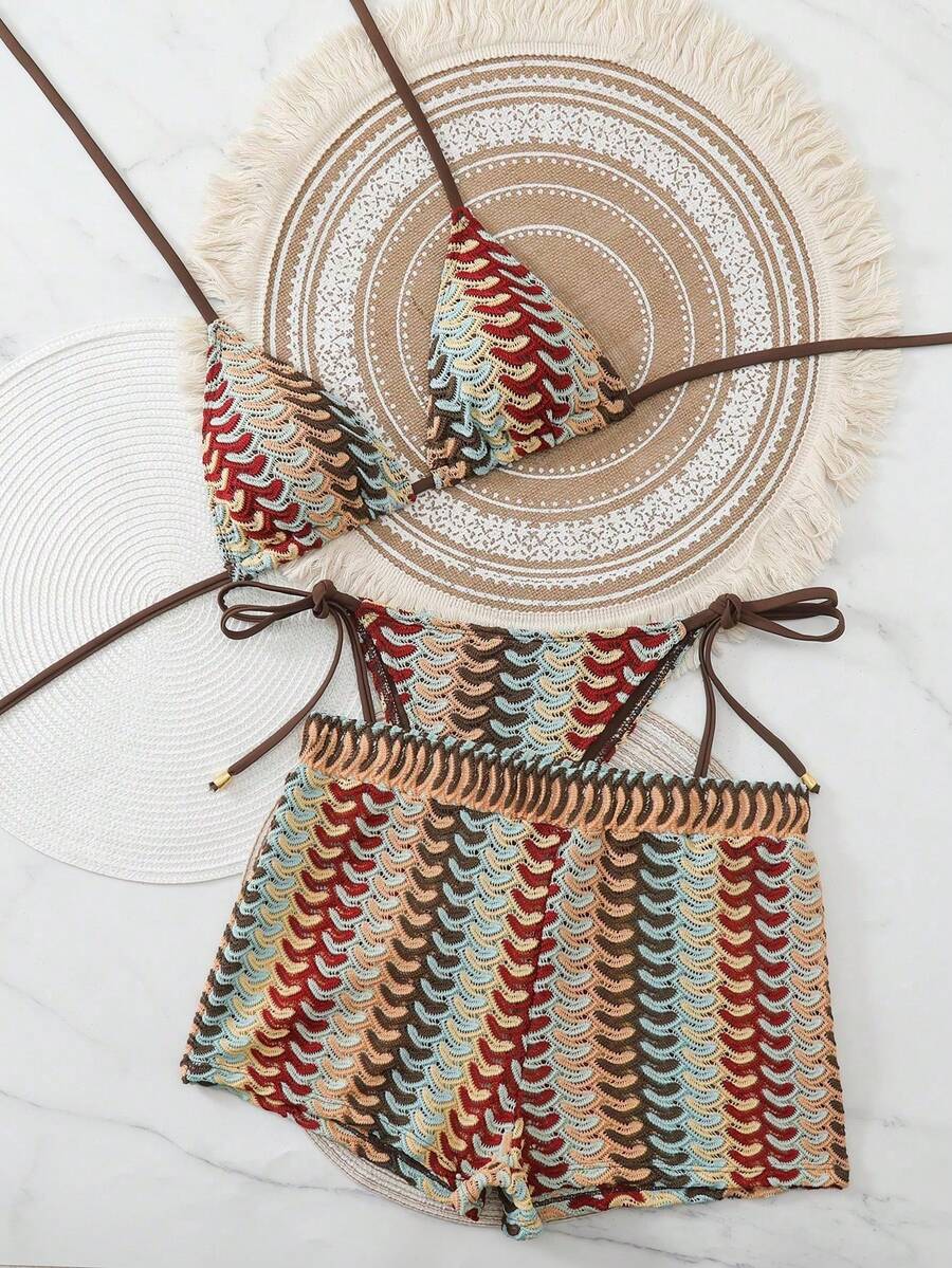 Swim Vcay 女士纹理挂脖比基尼套装，侧系带泳裤，适合海滩度假、春夏穿着 - 彩色 - 查看 1