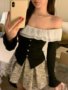 DAZY 春夏两用荷叶边撞色T恤，优雅百搭，适合情人节、婚礼、派对、时尚活动，修身露肩黑色长袖T恤 - 黑色 - 查看 10