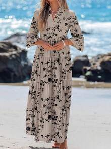 Sylviya 女士V领褶皱长袖连衣裙，适合秋季和夏季穿着，时尚休闲。 - 彩色 - 查看 3