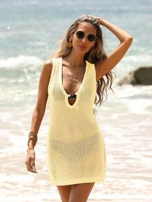 EMERY ROSE Women's Solid Color Sleeveless Hollow-Out Knit Dress, Suitable For Beach Vacation - Light Yellow - View 3