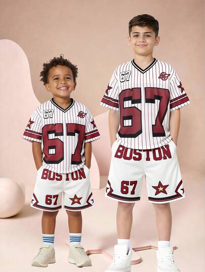 青少年男童休闲简约Y2K风格英文字母数字67、6&7运动复古美式撞色宽松舒适时尚圆领短袖T恤和裤子套装