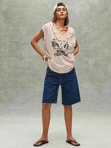 Bohemela 女士休闲舒适户外波西米亚西部乡村音乐节复古字母图案蕾丝刺绣拼接V领宽松T恤，夏季上衣，基础款，非常适合休闲外出、女生聚会、音乐节、派对、叠穿或居家休闲穿着。自由休闲风格 - 杏色 - 查看 7