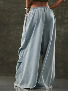 Denimoi Quần jeans nữ ống rộng xếp ly cạp chun dáng rộng thoải mái - Rửa nhẹ - Xem 3