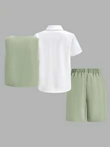 3pcs Kids Tween Boy Sage Green Elegant Summer Graduation Set,Sleeveless Vest Jacket,Short Sleeve Shirt With Bow Tie,Woven Shorts Gentleman Outfit - Multicolor - View 2
