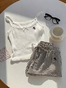 Conjunto de 2 piezas de mujer con tirantes finos, encaje, parches y lazo con estampado de lunares, para verano - Blanco y Negro - Ver 6