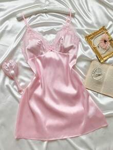 Comfortcana 女士优雅纯色蕾丝拼接吊带迷你连衣裙 - 粉色 - 查看 4