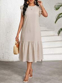 SHEIN Lady 女士纯色圆领褶皱休闲派对旅行中长连衣裙 - 卡其色 - 查看 5