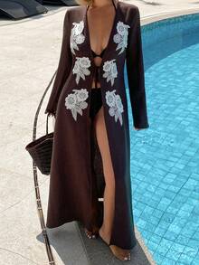 Đầm dài tay cổ chữ V phối màu tương phản họa tiết hoa dành cho nữ, kiểu kimono cardigan, thích hợp mặc đi biển. - Cà phê nâu - Xem 7