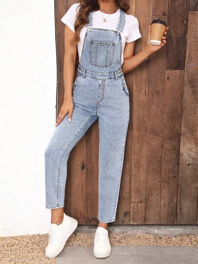 EMERY ROSE Plus Size Washed Denim Bib Overalls