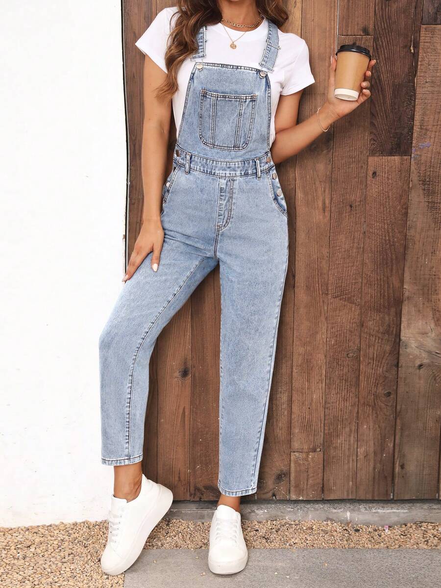 SHEIN Tall Bộ áo liền quần denim nữ kiểu dáng thường ngày có túi - Rửa nhẹ - Xem 1