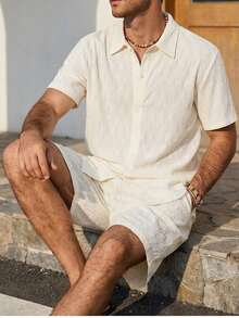 Manfinity RSRT 男士夏季休闲度假通勤纯色短袖衬衫和抽绳腰短裤套装 - 杏色 - 查看 4