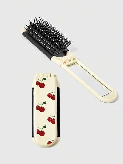 Kawaii 1pc Cherry Back To School Print Folding Hair Comb With Mirror, Portable All-In-One Styling Tool