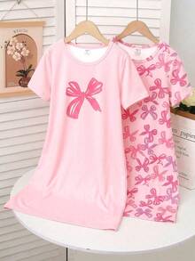 两件套女童圆领短袖蝴蝶印花针织睡衣套装，甜美时尚 - 粉色 - 查看 1