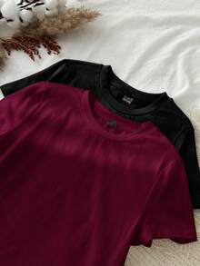 Tseoso 两件套休闲简约基础款圆领短袖打底衫，黑色和酒红色，春夏款 - 彩色 - 查看 6