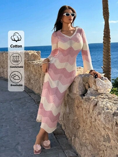 EURMUSE Pink White Crochet Hollow Out Zigzag Pattern Crochet Summer Cover Up Dress, Long Sleeve, Seaside Holiday