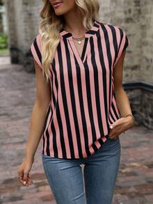 SHEIN Women's Striped V-Neck Casual Versatile Daily Wear Shirt - Pink - View 6
