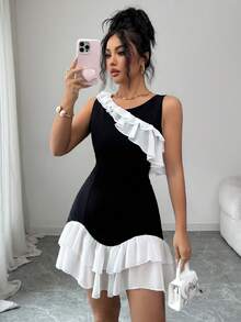Elenzga Vestido de fiesta ajustado con escote en V, volantes y diseño de patchwork romántico y elegante en blanco y negro para mujer - Blanco y Negro - Ver 3