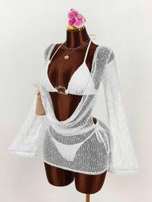 Amplova Bộ bikini hai mảnh gợi cảm dành cho nữ - gồm áo, quần và áo khoác ngoài. - trắng - Xem 9