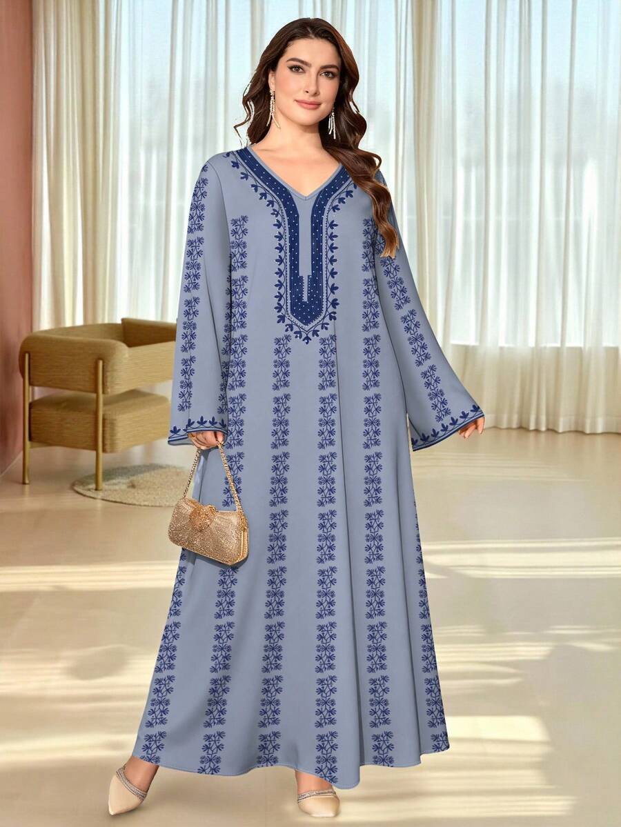 SHEIN Najma Đầm dài tay cổ chữ V in hoa dành cho nữ cỡ lớn, trang phục thanh lịch kiểu Ả Rập, đầm dài mùa xuân/hè. - Nhiều màu - Xem 1