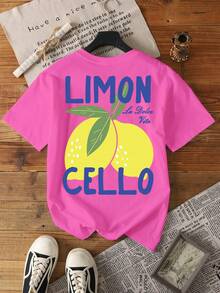 Glissea Women's Letter & Lemon Print Casual Round Neck Short Sleeve T-Shirt, Summer - Hot Pink - View 4